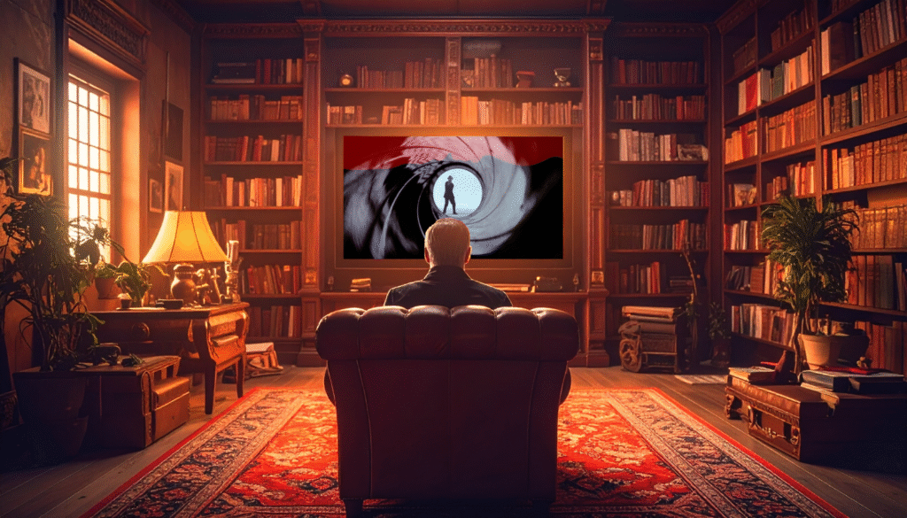 Man sitting in library watching James Bond on the TV